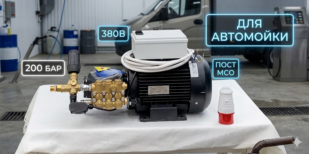 Профессиональный аппарат высокого давления 200 бар (380В) для автомоек и МСО Моечное оборудование под ключ Профессиональный аппарат высокого давления 200 бар (380В) для автомоек и МСО