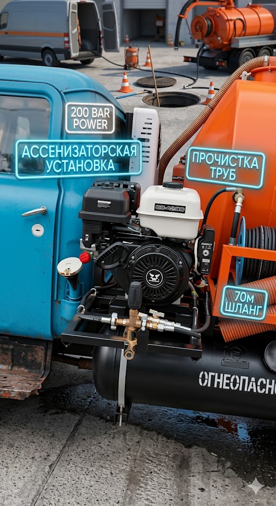 Бензиновая гидродинамическая установка 200 бар для ассенизаторов (ДВС) Моечное оборудование под ключ Бензиновая гидродинамическая установка 200 бар для ассенизаторов (ДВС)