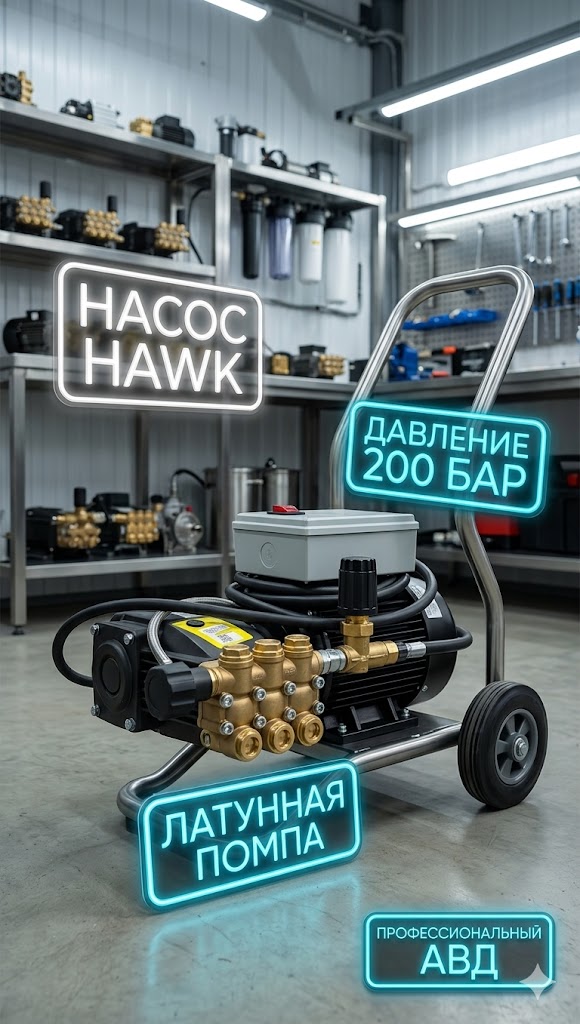 Профессиональный аппарат высокого давления Hawk 200 бар (5.5 кВт) для автосервиса Моечное оборудование под ключ Профессиональный аппарат высокого давления Hawk 200 бар (5.5 кВт) для автосервиса