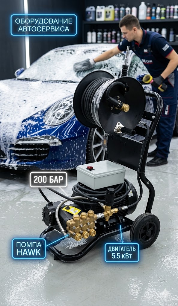 Профессиональный аппарат высокого давления Hawk 200 бар (5.5 кВт) для автосервиса Моечное оборудование под ключ Профессиональный аппарат высокого давления Hawk 200 бар (5.5 кВт) для автосервиса