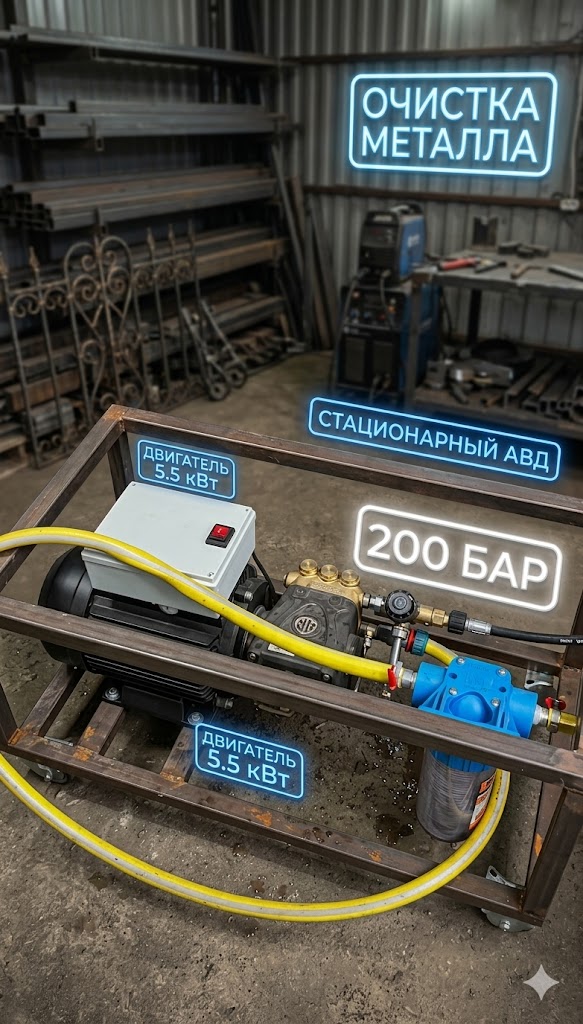 Стационарный аппарат высокого давления 200 бар (5.5 кВт) для очистки металла и ковки Моечное оборудование под ключ Стационарный аппарат высокого давления 200 бар (5.5 кВт) для очистки металла и ковки