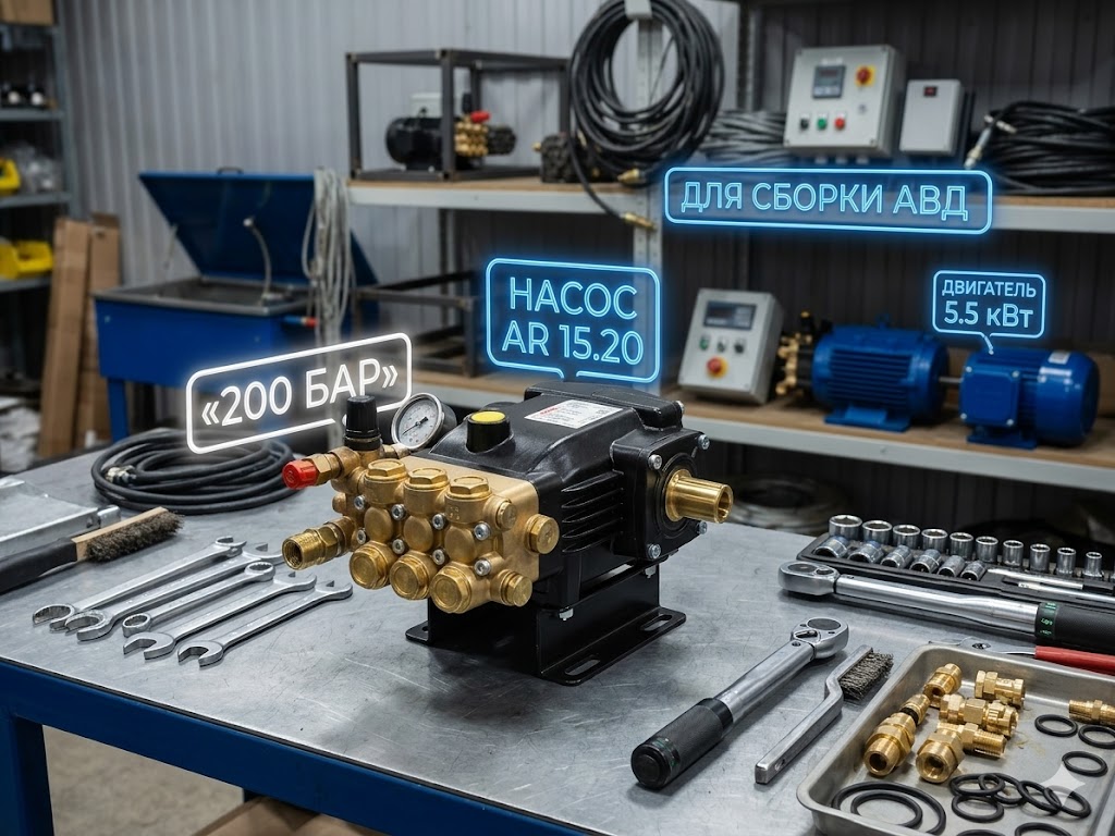 Комплект для сборки АВД 200 бар: Насос AR 15.20 и аксессуары (под мотор 5.5 кВт) Моечное оборудование под ключ Комплект для сборки АВД 200 бар: Насос AR 15.20 и аксессуары (под мотор 5.5 кВт)