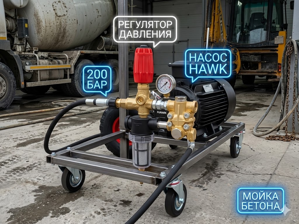 Профессиональная мойка высокого давления 200 бар на помпе Hawk (для бетоносмесителей) Моечное оборудование под ключ Профессиональная мойка высокого давления 200 бар на помпе Hawk (для бетоносмесителей)