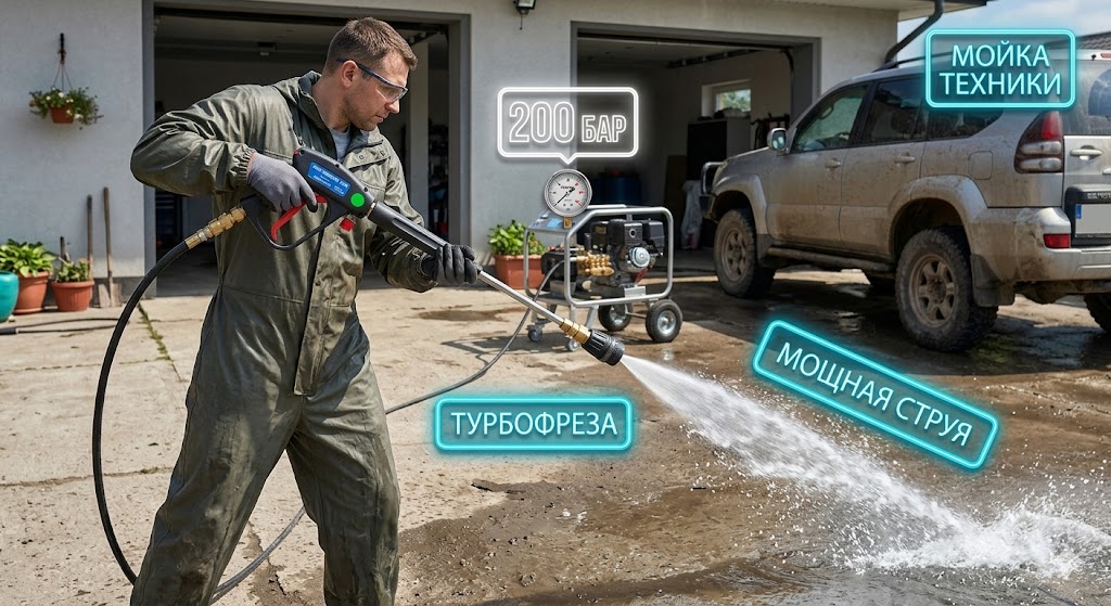 Стационарная мойка высокого давления на 220 вольт, 200 бар (Россия+Китай) + турбофреза