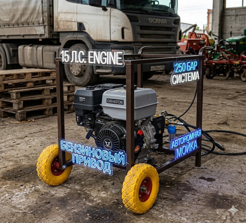 Бензиновая мойка высокого давления 250 бар (21 л/мин) для самосвалов и спецтехники Моечное оборудование под ключ 3 Бензиновая мойка высокого давления 250 бар (21 л/мин) для самосвалов и спецтехники 3
